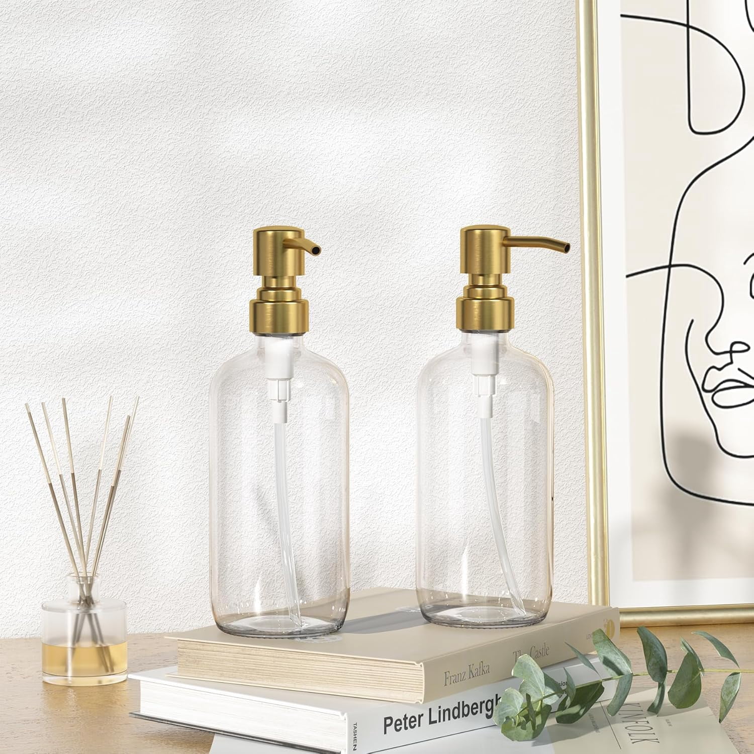 Soap Dispenser, 2 Pack Glass Soap Dispenser with Pump Stainless Steel, 17OZ Clear Gold Hand Soap Dispensers for Bathroom and Kitchen