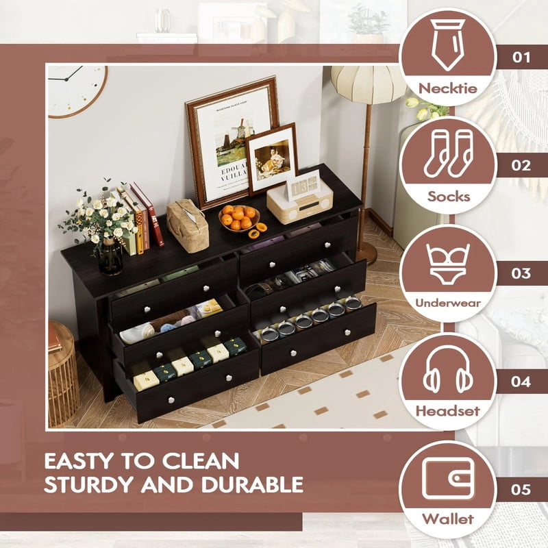 Furmax 6 Drawer Double Dresser, Wide Wood Chest of Drawers Storage Tower Storage for Living Room Bedroom, Black