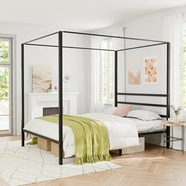 Metal Canopy Platform Bed Frame Queen Size Four-Poster w/Headboard Slat Support