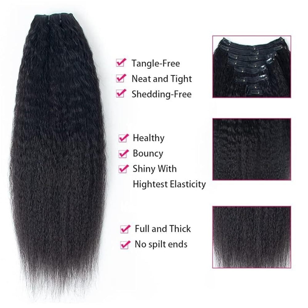 Kinky Straight Clip in Hair Extensions Real Human Hair for Women Double Weft Full Head Brazilian Remy Hair Yaki Straight Clip ins Natural Black Color