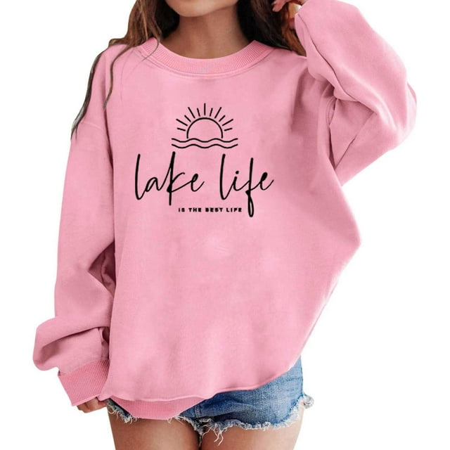 PMVFHDE Mode Fille Sweat à Capuche & Chandails en Molleton Mode Décontractée Col Rond Sans Tête Manches Longues Imprimé Haut Rose, 5-6 Ans