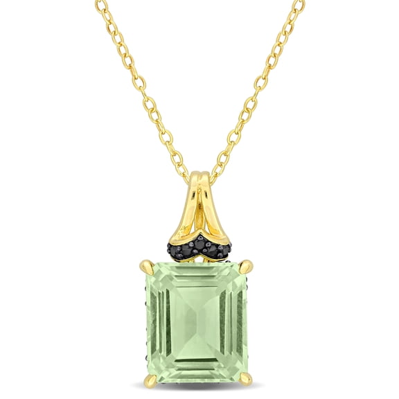 Everly Women's Green Quartz and Black Sapphire Yellow Silver Solitaire Pendant with Chain
