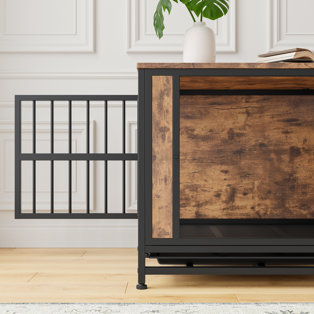 Tcbosik Dog Crate Furniture with 2 Doors, 27" Wooden Dog Kennel End Table with Pull Out Tray, Indoor Dog House with Iron Frame for Small Dog, Rustic Brown