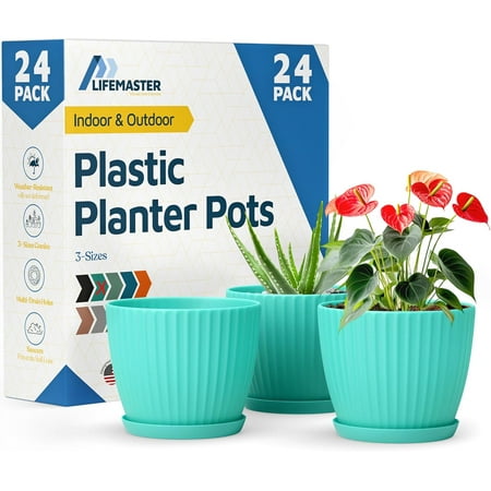 Aqua 6-Inch Plant Pots with Drainage & Saucers 24 Pack, Indoor & Outdoor Planters for Houseplants, Herbs, and Flowers, Durable & Weatherproof Material, Stackable, Lightweight, Minimalist Design
