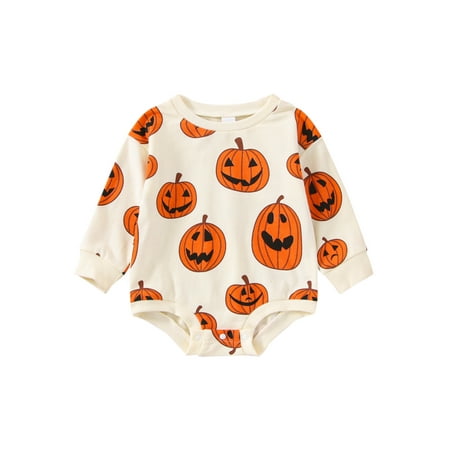 

Bagilaanoe Toddler Baby Girl Boy Halloween Rompers Tops Pumpkin Print Long Sleeve Bodysuit 3M 6M 12M 18M 24M 3T Infant Loose One Piece Jumpsuit