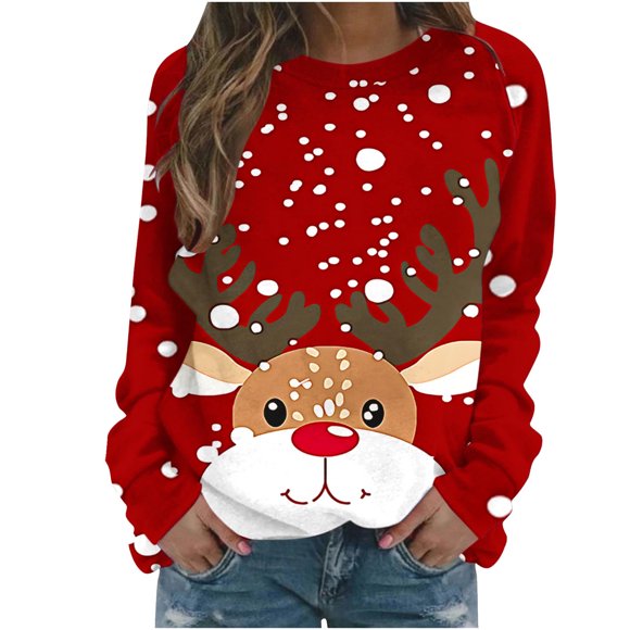 lcziwo Womens Christmas Pullover Plus Size Loose Fit Reindeer Graphic Pullovers Trendy Crewneck Sweatshirt Fall Winter Long Sleeve Sweatshirts Wine,M