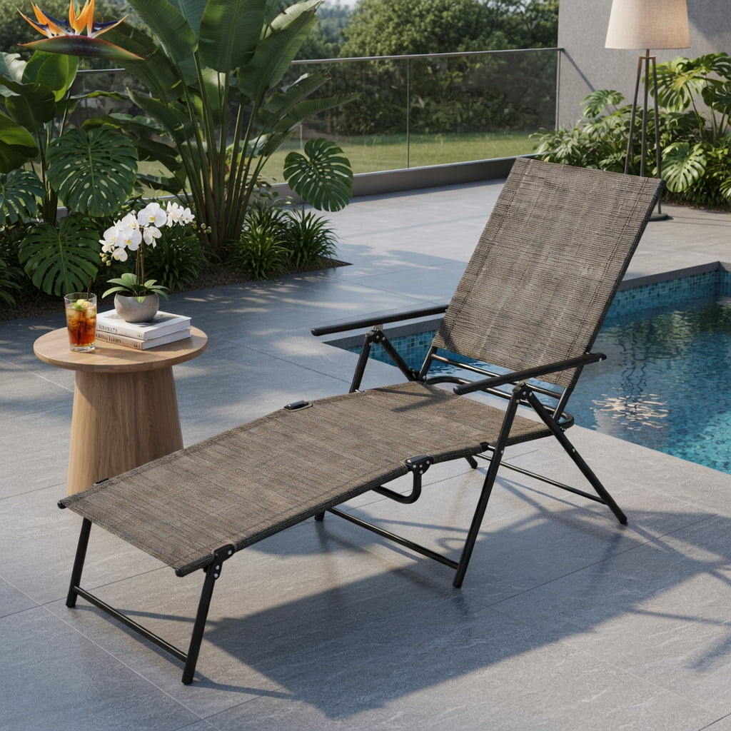Hommoo Adjustable Folding Patio Chaise Lounge Chair with 6-Position Reclining Backrest, Heavy-Duty Metal Frame, Quick-Dry Fabric, for Poolside, Backyard & Balcony, Coffee
