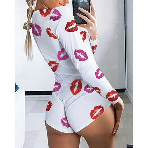 Pijama de verano para mujer, mono elástico con botones, Mono corto, body Sexy de manga larga con cuello en V profundo