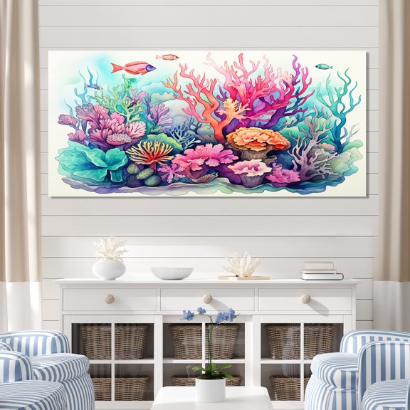 Designart "Watercolor Coastal Coral I" Oversized Animals Wall Art - Coastal Coral Coastal Coral Under Water Entryway Wall Art Print