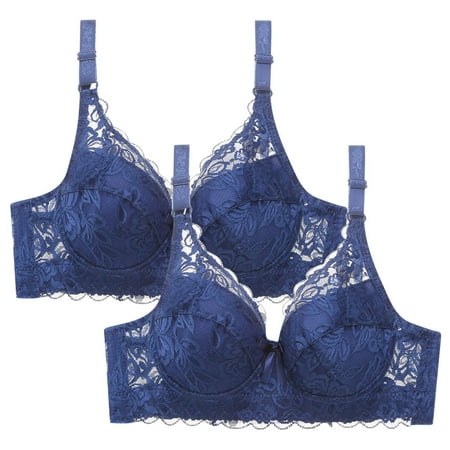 WREESH Womens Lace Bralette Push Up Soft Padded Bras Wireless Plunge Bra Adjustable Strap No Underwire Bras Comfortable Everyday Bras 2 Pack Blue