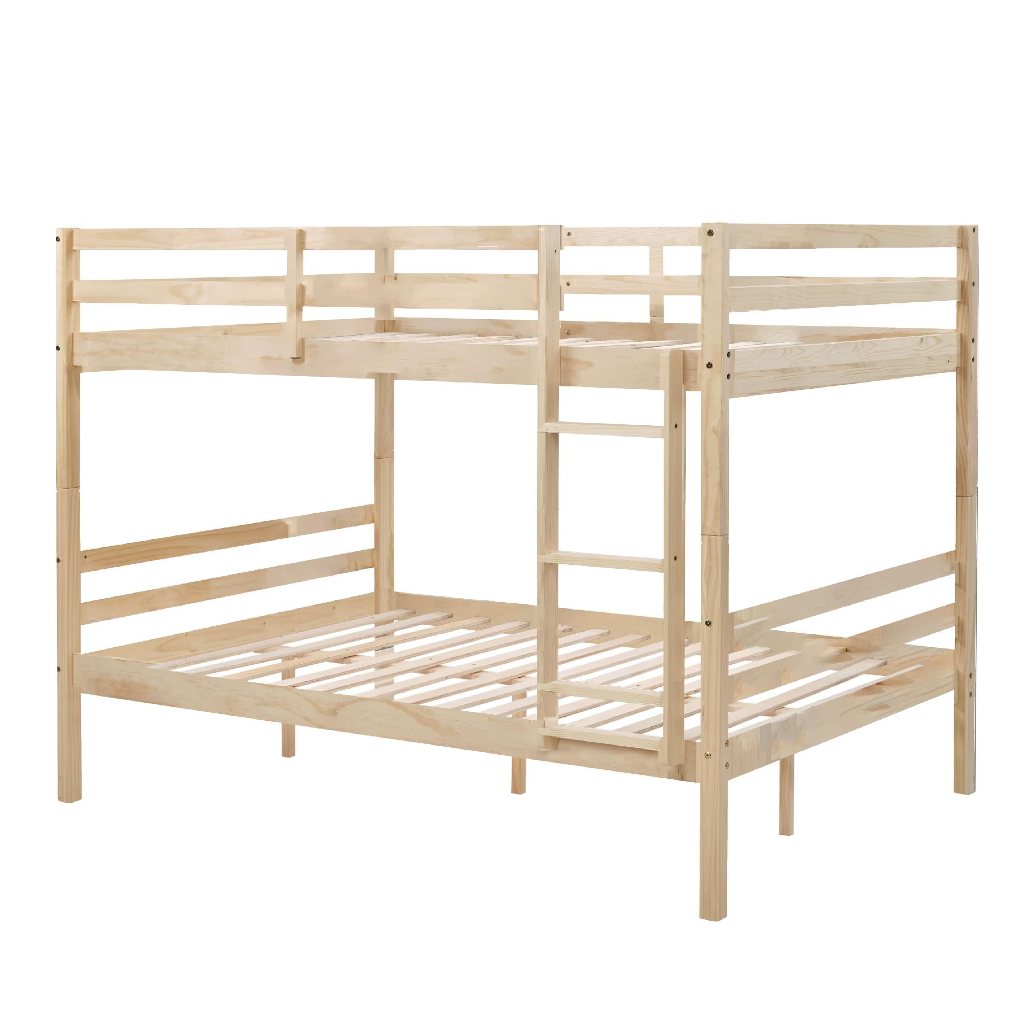 Full Over Full Bunk Bed, Solid Wood Bunk Bed Frame with High Guardrails and Ladder, Heavy Duty Wooden Slats, No Box Spring Needed for Kids, Teens, Guest Room, Natural