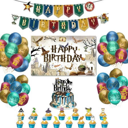 New Magical Birthday Party Decorations Include Happy Birthday Banner, Cupcake Cake Toppers Balloons Background for Magical Themed Party Supplies