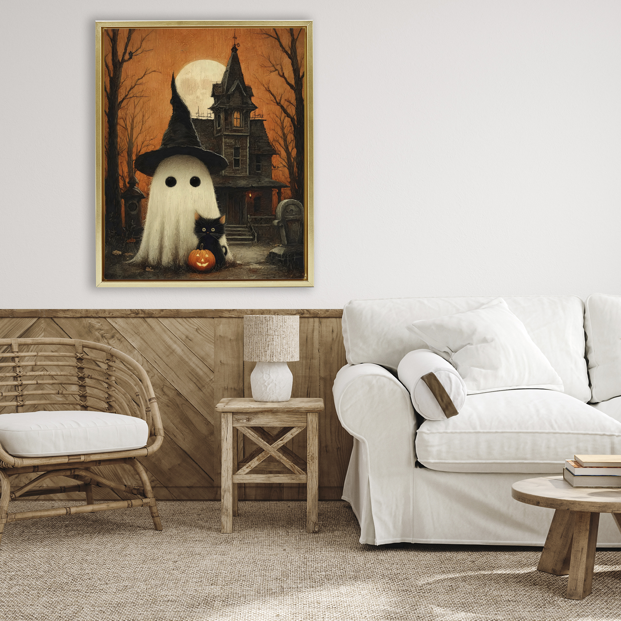 Cute Ghost & Haunted House Gold Framed Floater Canvas Wall Art, design by Arlington Prints