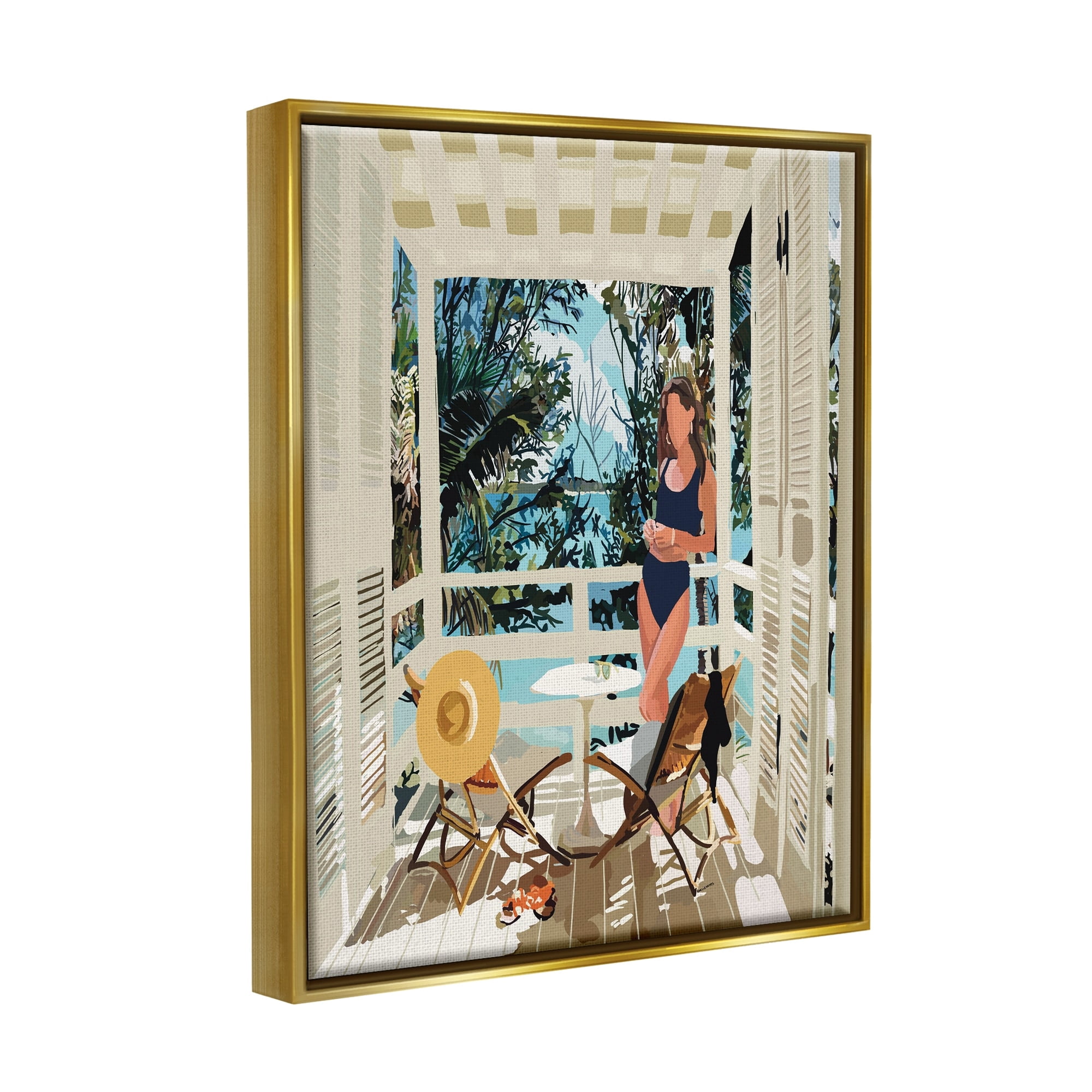 Stupell Industries Woman Coastal Beach Canopy Summer Ocean Scene Graphic Art Metallic Gold Floating Framed Canvas Print Wall Art, Design by Amelia Noyes