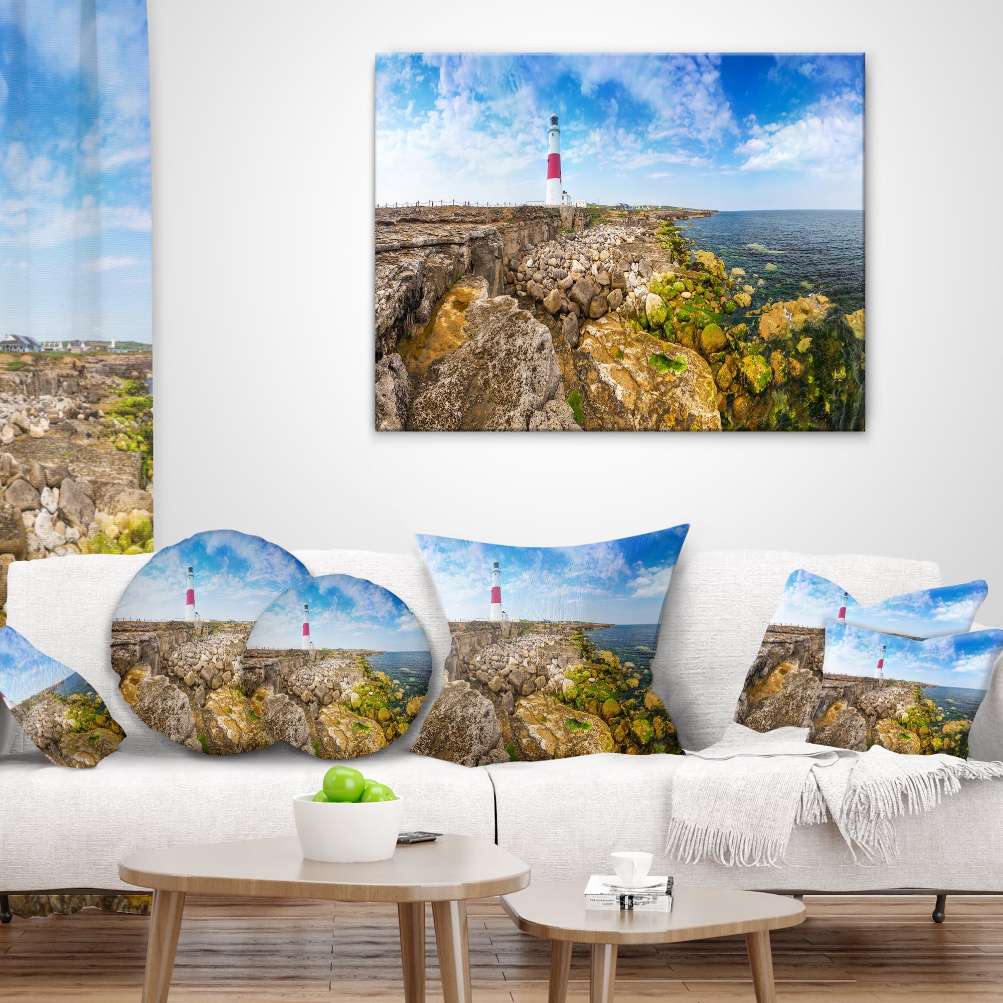 Designart Portland Bill Lighthouse - Landscape Printed Throw Pillow - 18x18