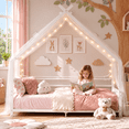 thumbnail image 2 of UHOMEPRO Twin Montessori Floor Bed for Kids and Toddler, Low Profile House Bed with Guardrails, Easy Assembly, White, 2 of 8