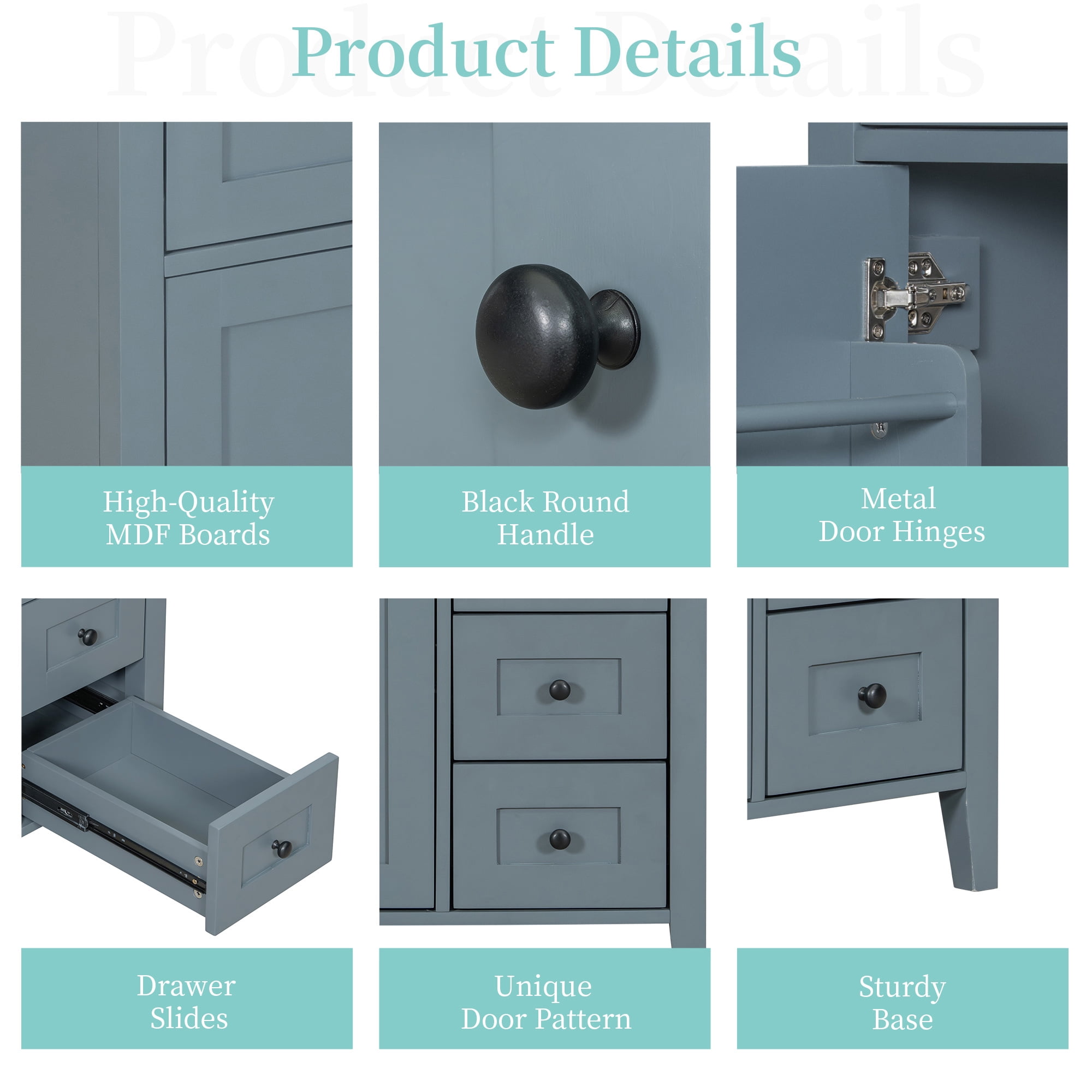 Anpport 30" Freestanding Bathroom Vanity with Sink, Modern MDF & Rubberwood Cabinet, 3 Drawers, Adjustable Shelf & Left‑Side Door, Blue Grey