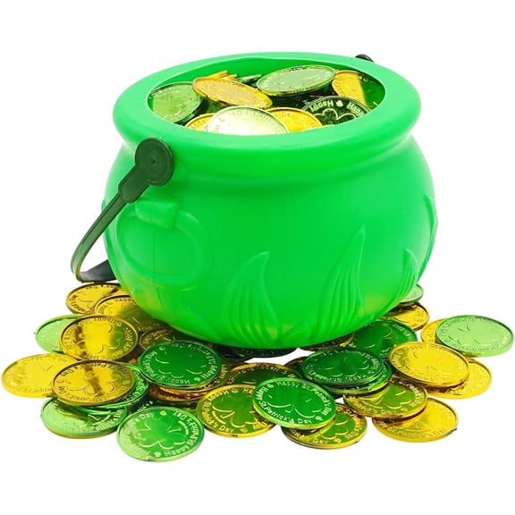 4E's Novelty Green Cauldron Bucket St Partrick Day with Shamrock Gold 100 Lucky Coins