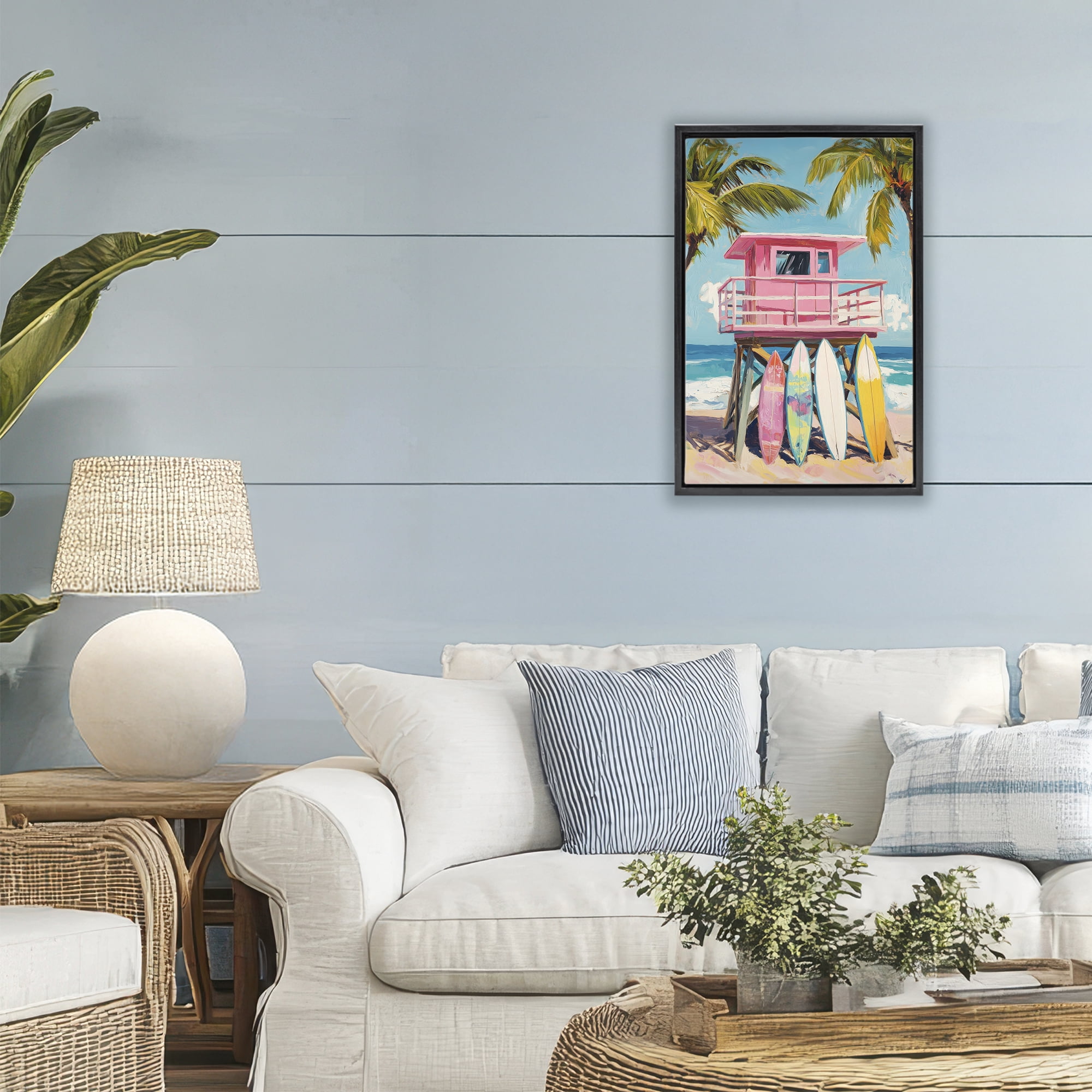 Stupell Industries High Pink Surf Shack Black Framed Floater Canvas Wall Art, design by Petal Prints Design