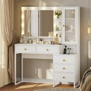 Afuhokles Vanity Table with Lighted Mirror and Charging Station, Makeup Table Vanity Dresser with 10 LED Light, 5 Drawers White