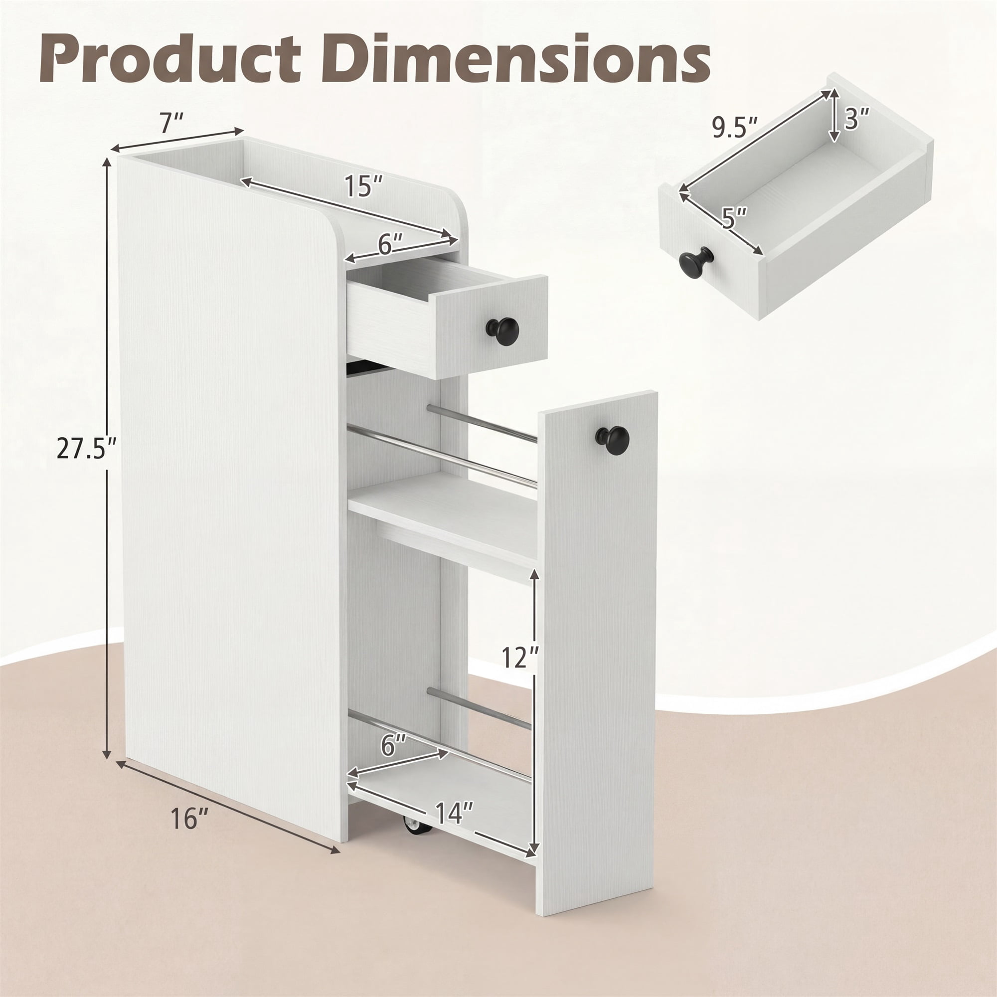 ELLEGNT Bathroom Storage Cabinet on Rolling Wheels – Slim Design, Slide-Out Drawer, Spacious Top, White