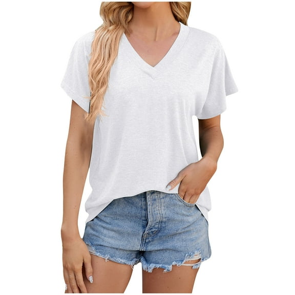 cfhntfmh Womens Casual Summer Tops Short Sleeve V Neck Lounge Tees Basic Loose Solid Color T-Shirts