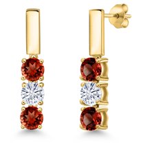 Gem Stone King 18K Yellow Gold Plated Silver Red Garnet and White Moissanite Drop Dangle Earrings for Women | 1.60 Cttw | Gemstone January Birthstone | Round 5MM
