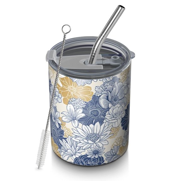 12oz Coffee Tumblers Pioneer Flower Floral Print Pattern Stainless Steel Vacuum Insulated Travel Tumbler Coffee Cups Mug with Lid and Straw with Cleaning Brush for Cold & Hot Drinks