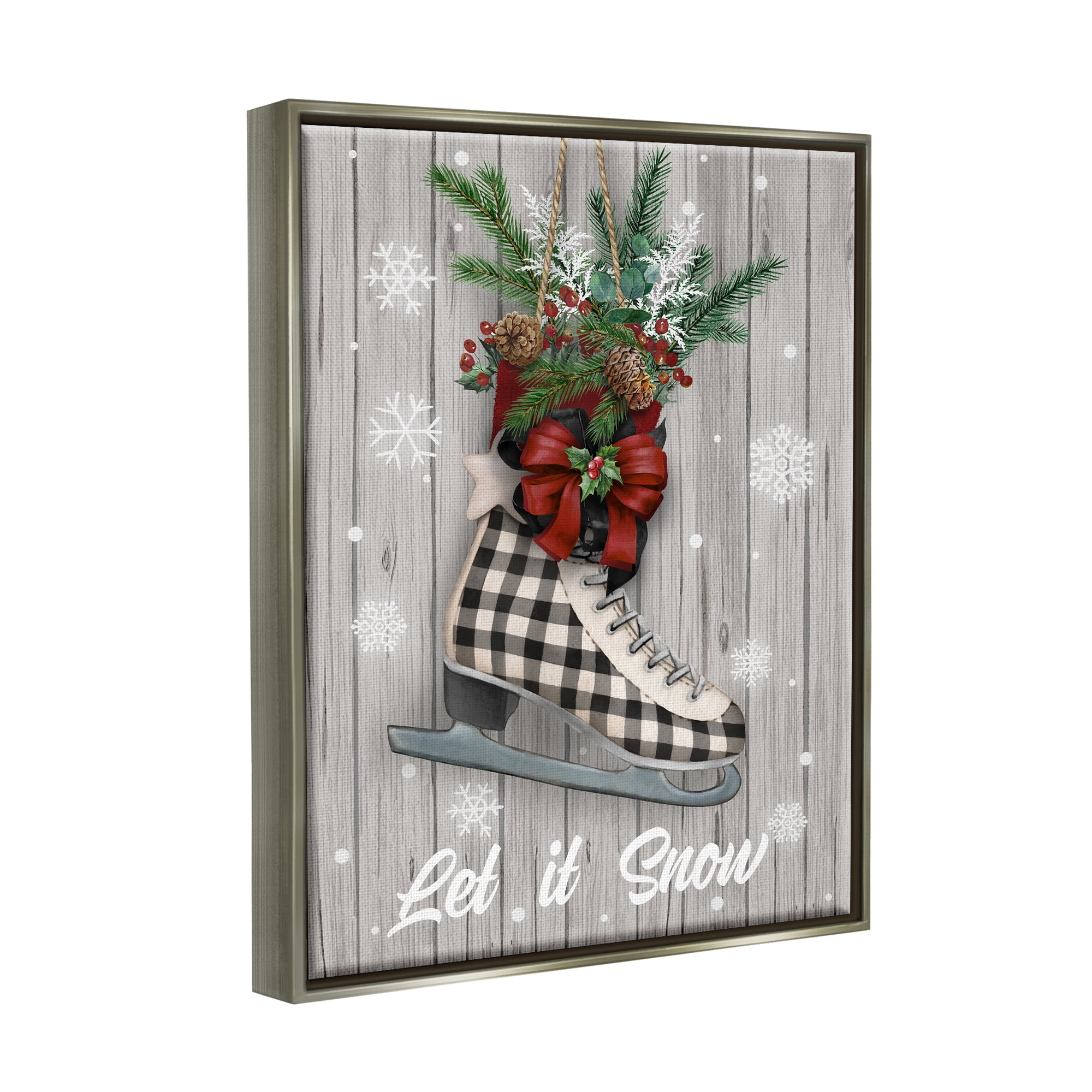Stupell Industries Let it Snow Ice Skate Holiday Painting Gray Floater Framed Canvas Art Print Wall Art, 25 x 31