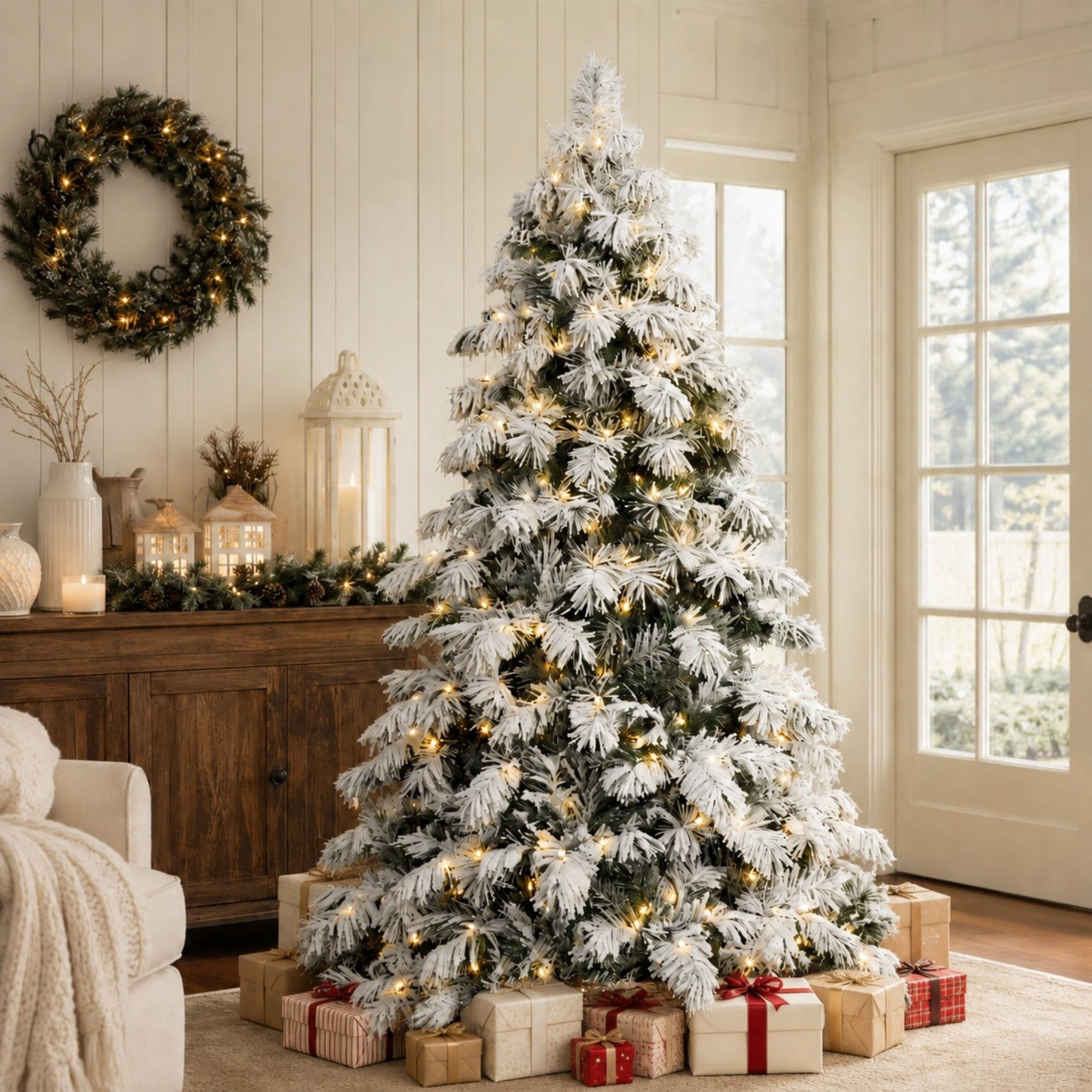DEALTOPS 8 FT Pre-Lit Flocked Artificial Christmas Tree with 470 Warm White LED Lights, 1242 Tips & Metal Stand