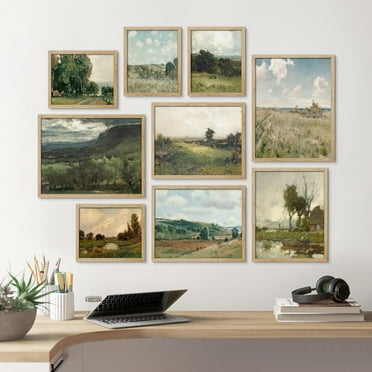 PixonSign Framed Canvas Print Wall Art Set - Nature Wilderness Landscapes Poster Modern Art - Countryside Scenery Print Gallery Set of 9 Abstract Illustrations Wall Décor for Home - Natural