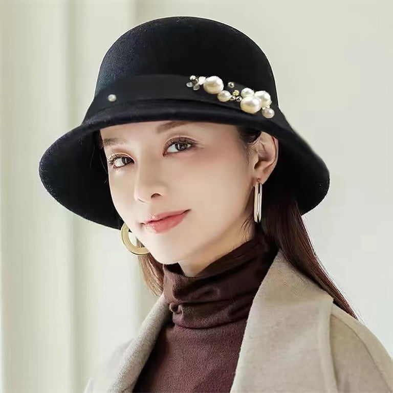 Wool Felt Bucket Hat Vintage Cloche Fedora Winter Church Bowler Hat Winter Women Ladies Vintage Wool Felt Bucket Cap Flower  main image 4