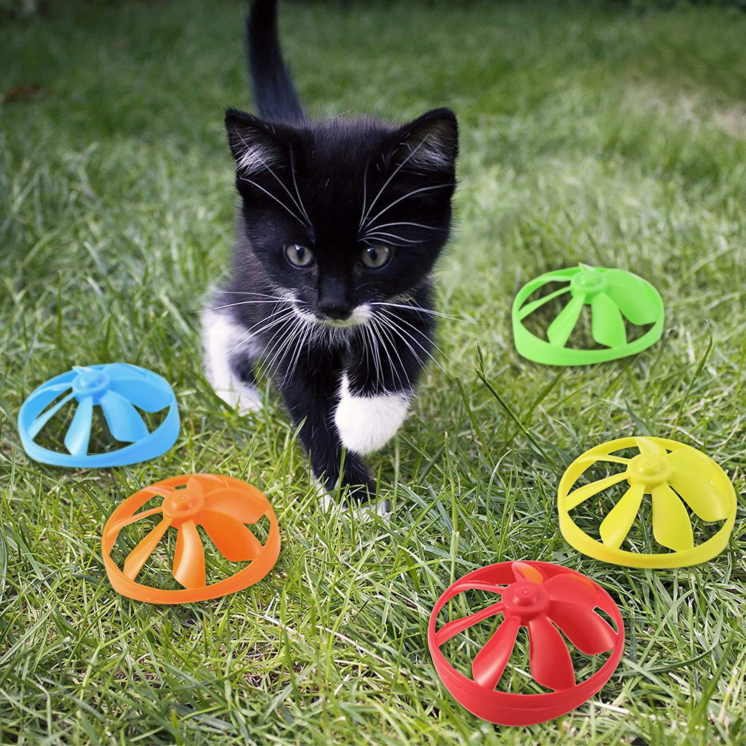 18 Pieces Interactive Cat Fetch Tracking Toys With 5 Colors Flying Propellers for Indoor Pet Kitty Training Chasing (Blue Cat Theme Design)