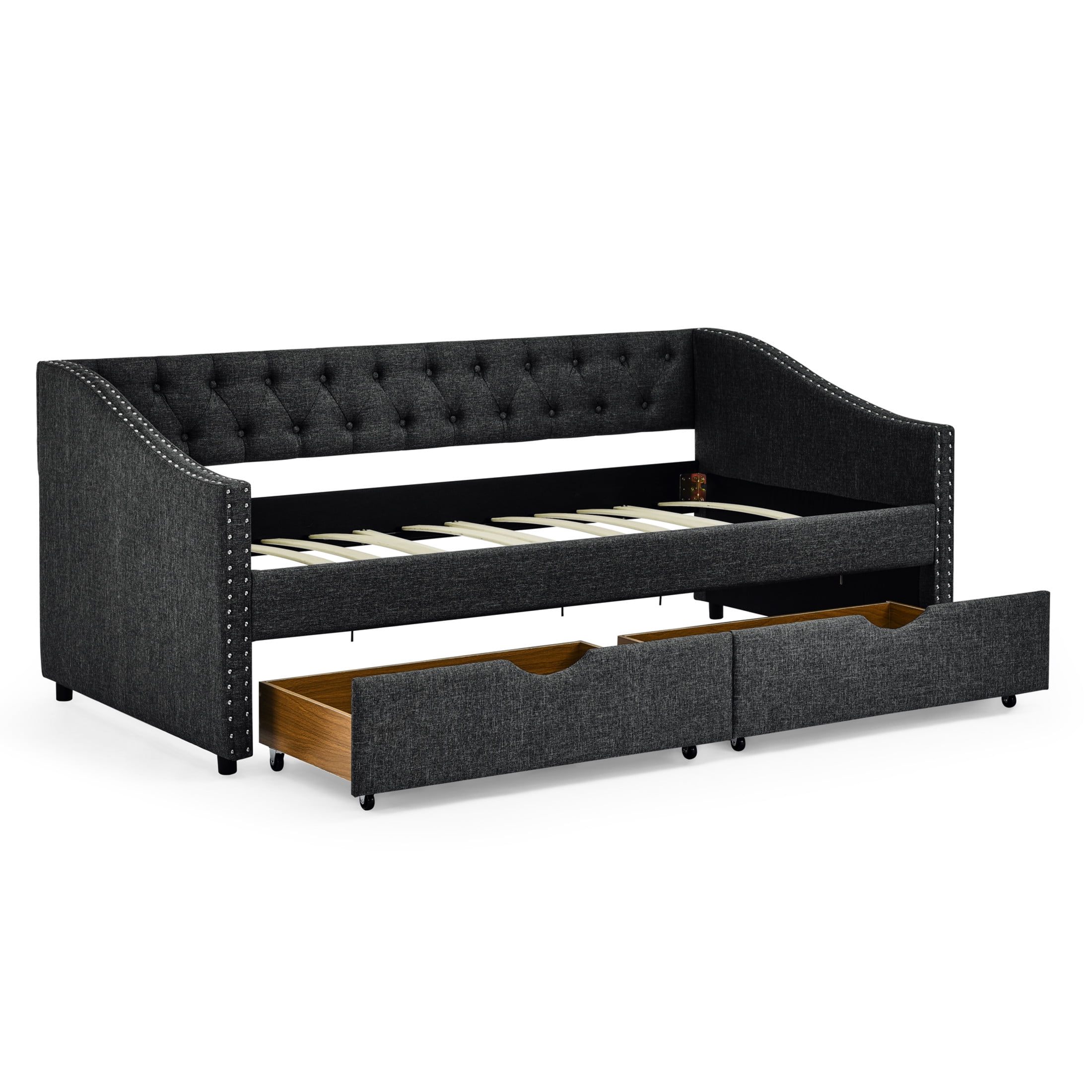 Noble House Twin Size Button Tufted Daybed, Linen Sofa Bed Frame with Storage Drawers and Nailhead Waved Arms, Dark Grey