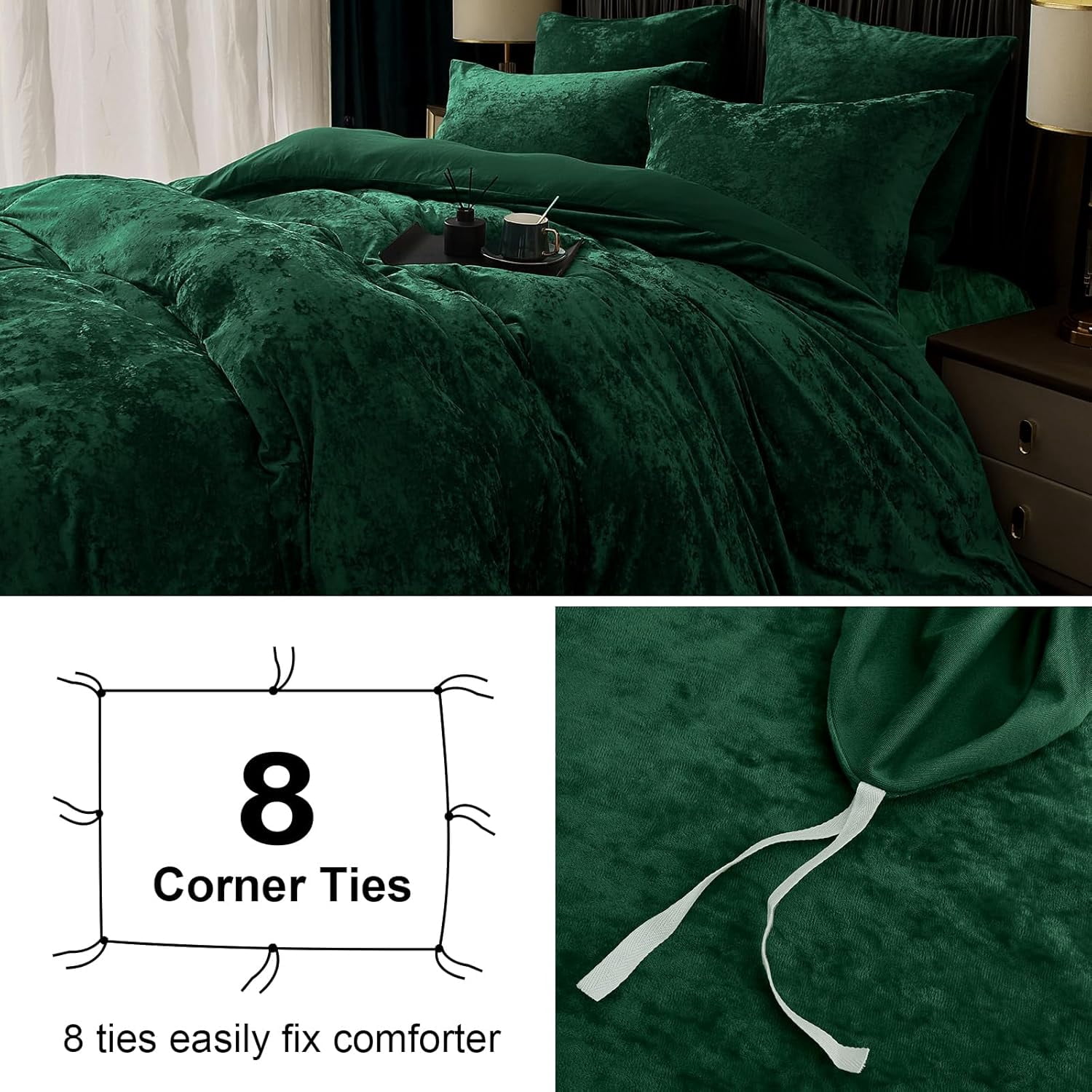 PHF Truly Velvet Duvet Cover Set Queen Size, 3 Pieces Luxury Ultra Soft Comforter Cover Set, Warm Flannel Duvet Cover with 2 Pillow Shams Bedding Collection, 90"x90", Emerald green (No Insert)