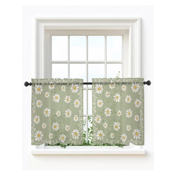 Sage Green Spring Floral Tier Curtains 36 Inch Length,Sheer Curtains for Bedroom Living Room Daisy Flowers Elegant Farmhouse Art Short Kitchen Curtains Drapes for Small Half Window 27.5"x36" 2 Panels