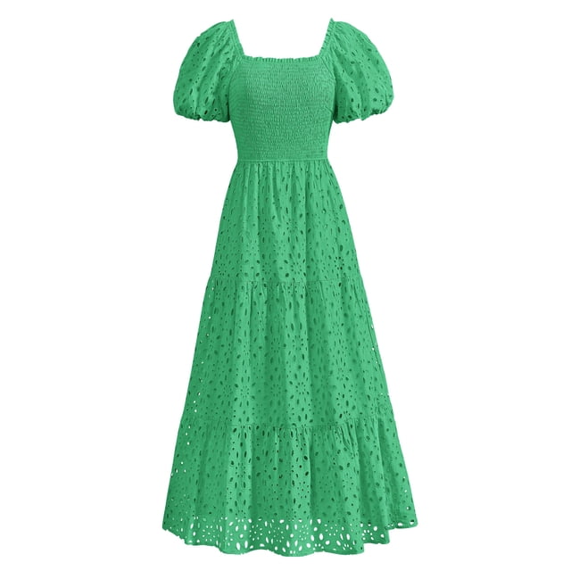 Vestido PRETTYGARDEN Verano 2025 con ojales, cuello cuadrado, manga abullonada