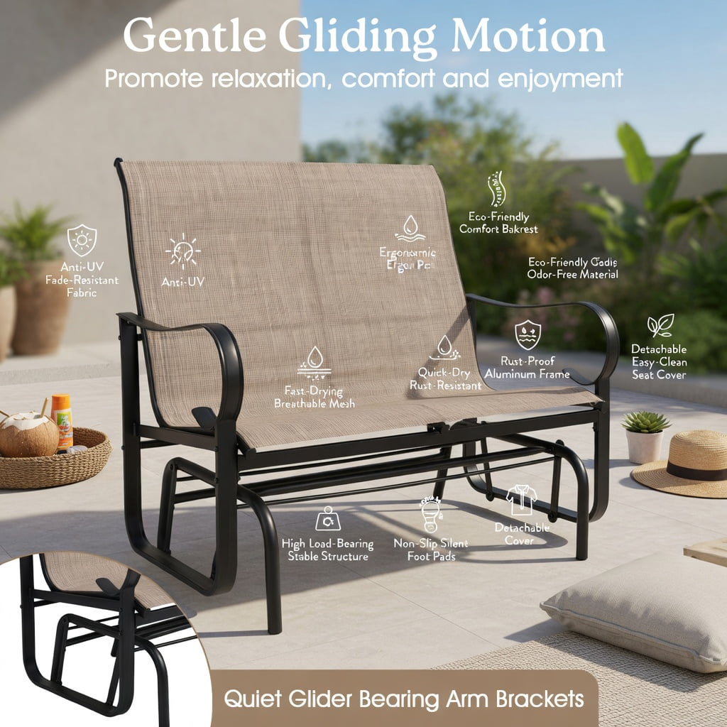 Hommoo 2-Person Outdoor Glider Bench with High Backrest, Metal Patio Swing Seat for Porch, Balcony & Garden, Gray