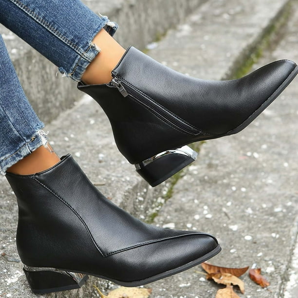Bottines Femme Grande Taille Talon Bas Bout Pointu Cuir Bottes Courtes Mode Chic Elegant Léger