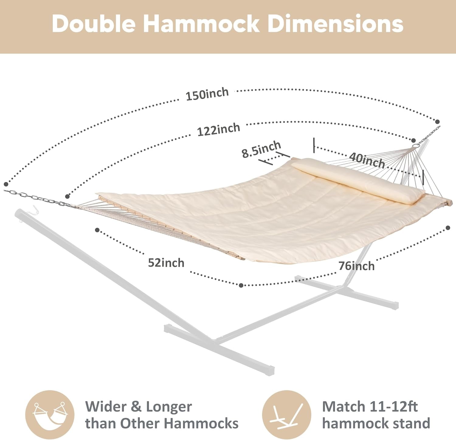 SUNCREAT Hammocks Replacement Hammock for Stand, 475 lbs Capacity, Two Person Backyard Hammock with Pad for Outside, Beige