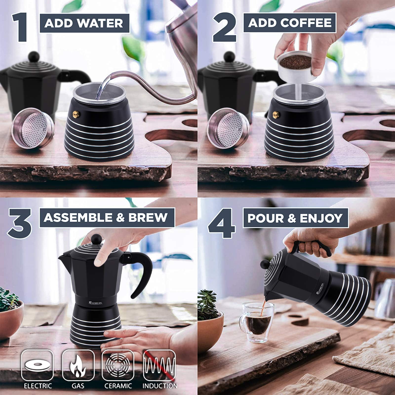 Lowestbest Stovetop Espresso Machine 3 Cups Moka Pot, Italian Cuban Greca Coffee Maker, Black