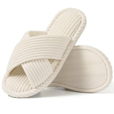 Litfun House Slippers for Women Memory Foam Bedroom Slippers Corduroy Open Toe Slides Shoes, Beige