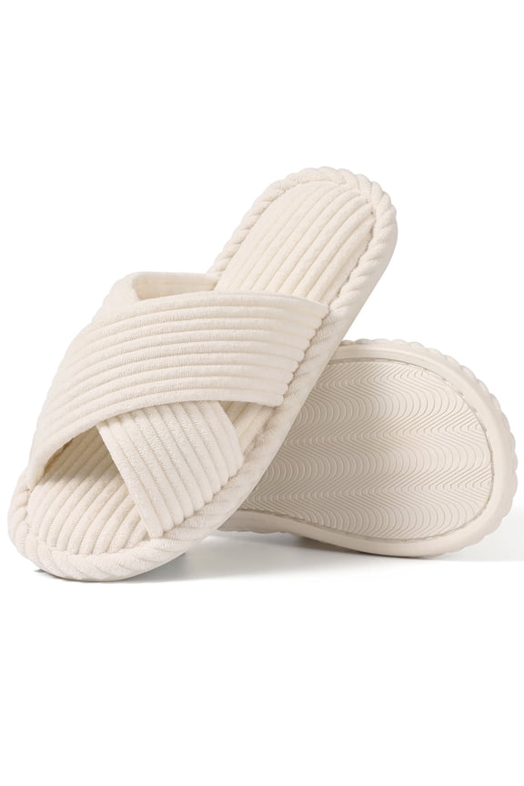 House Slippers for Women Memory Foam Bedroom Slippers Corduroy Open Toe Slides Shoes, Beige