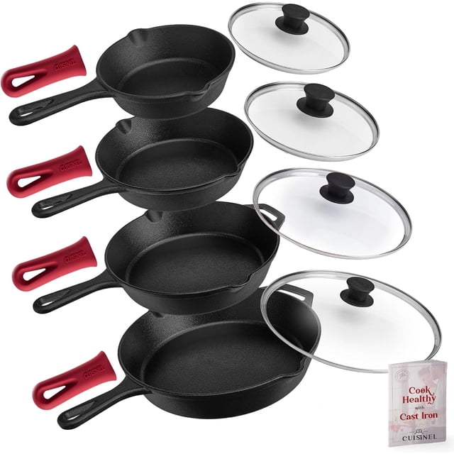 Ensemble de Poêles en Fonte + Couvercles en Verre &#;+&#;+&#;Poêles à Frire + Couvercles Porte-Poignée en Silicone Batterie de Cuisine pour Four Pré-Assaisonnée Utilisation Intérieure/extérieure Gril Cuisinière Camping F