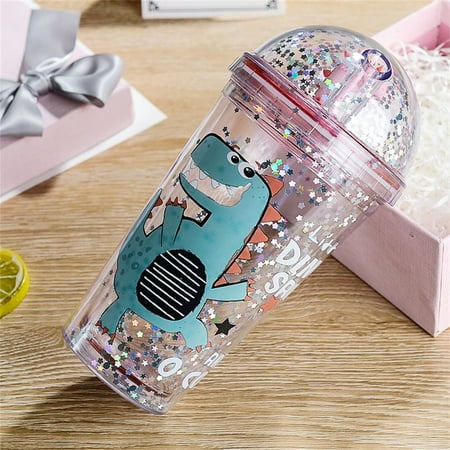

450ml Summer With Straw Cute Portable Drinkware Juice Tea Milk Mug Double Wall Drinking Bottle Dinosaur Water Cup PINK