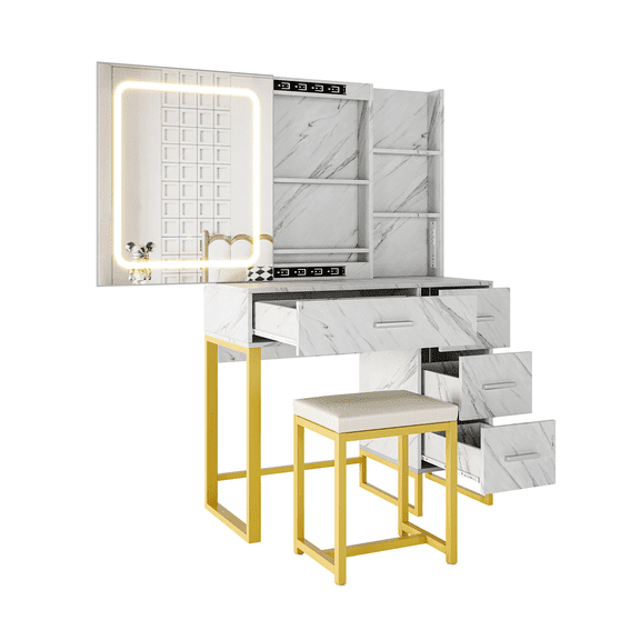 Modern White Vanity Desk – Small Makeup Table with Lighted Mirror, Charging Station, Drawers, Open Shelves & Stool – Compact Dressing Table for Bedroom