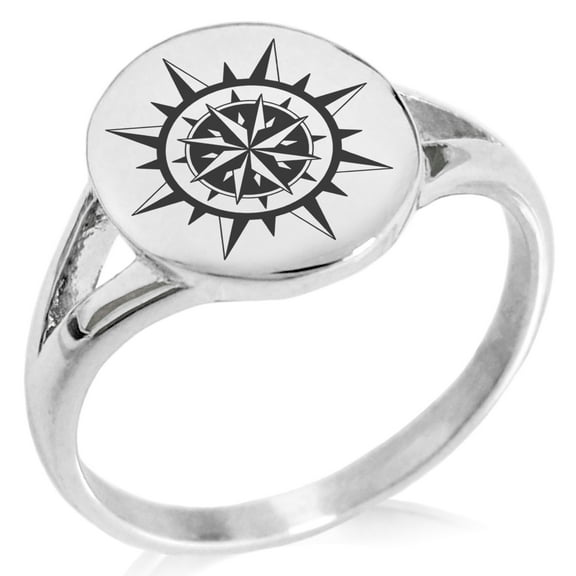 Stainless Steel Nautical Concentric Compass Minimalist Oval Top Polished Statement Signet Ring