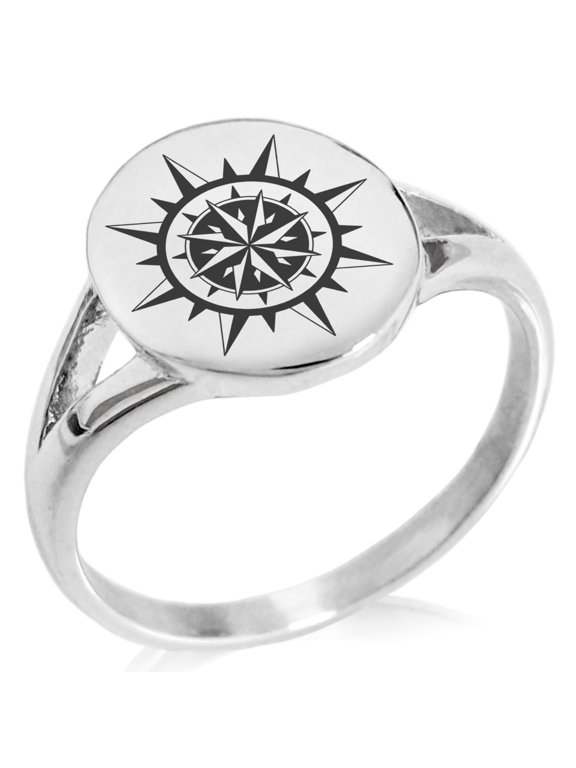 Stainless Steel Nautical Concentric Compass Minimalist Oval Top Polished Statement Signet Ring