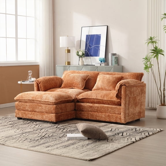 Stylish Chenille Fabric Oversized Double Sofa with Footstool (76.77*29.53*31.10inch for Living Room)