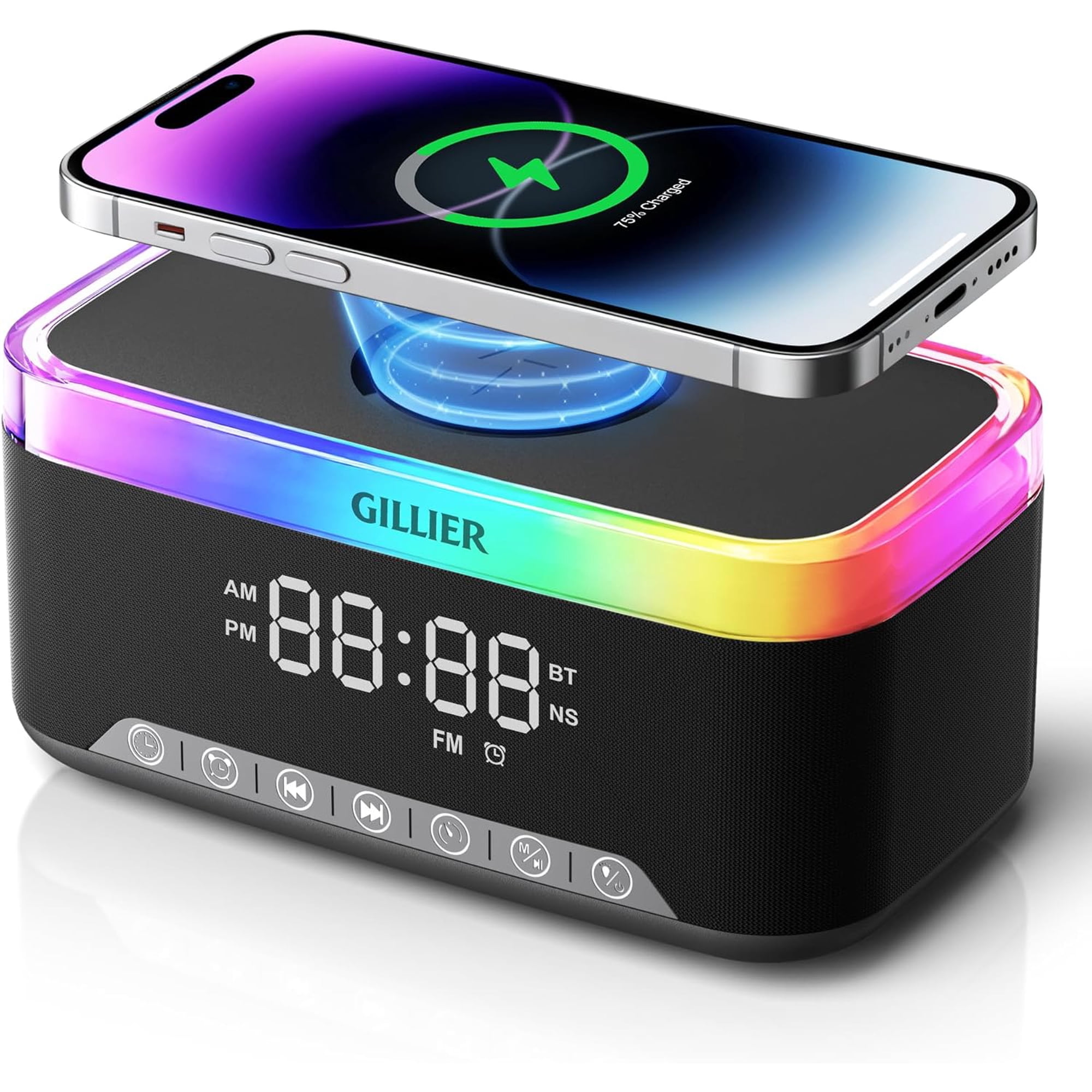 Wireless Charging Alarm Clock Radio for Bedrooms โ 15W Fast Wireless Charger Station for iPhone Samsung, Bluetooth Stereo Speaker with FM Radio, Dimmable Display, USB Port, Sleep Timer, Black